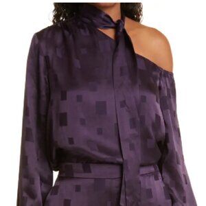 NEW‎ Milly Tyla One Shoulder Diamond Jacquard Silk Blend Blouse